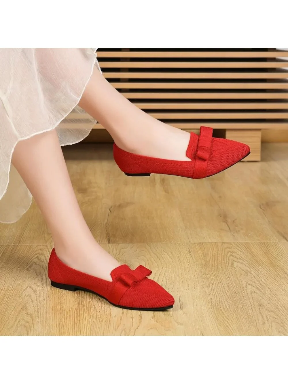 Women's Red Rubber Soft Knit Breathable Pointed Toe Ballet Flats Casual Shoes